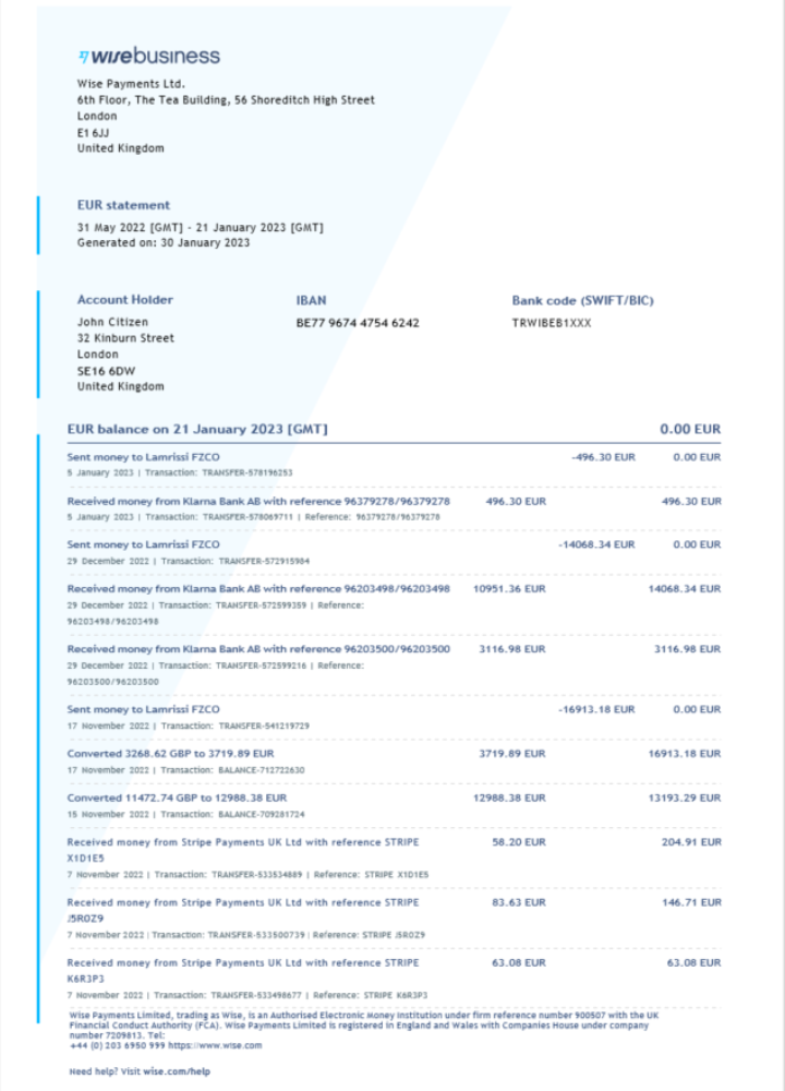 Modèle Word et PDF de relevé bancaire Wise Business du Royaume Uni